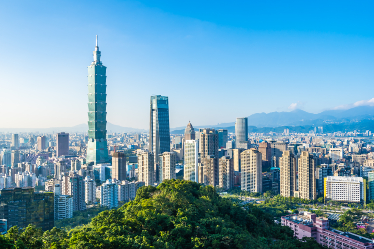 Beautiful landscape and cityscape of taipei 101 building and architecture in the city skyline with bluesky and white cloud at Taiwan