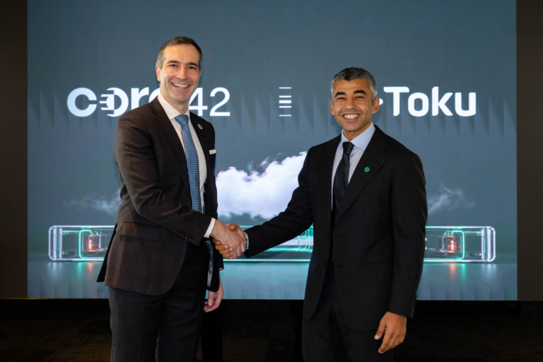 From left to right: Thomas Laboulle, Founder and CEO of Toku Ltd. and Ahmed Labib, Vice President, Partnerships and Ecosystems, Core42 shaking hands at the signing ceremony in Abu Dhabi, 2 October 2026.